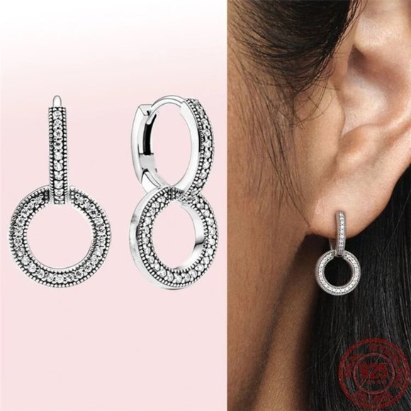 925 Sterling Silver Sparkling Double Cubic Zircon Round Hoop Earrings - Picture 7 of 9